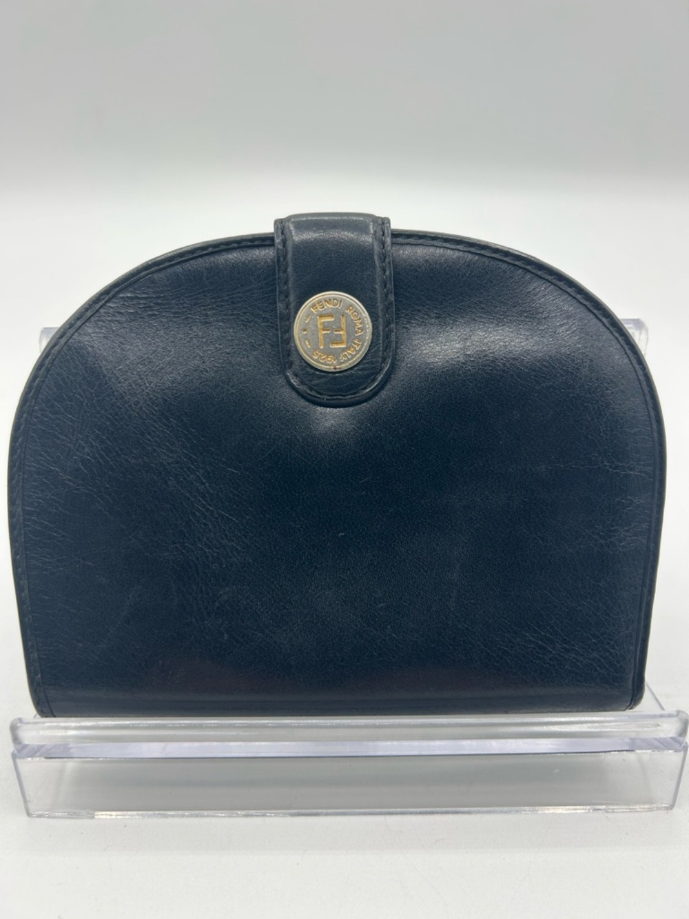 Fendi Black Leather Rounded Cosmetic Pouch with Gold Emblem